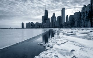 Картинка город, снег, небоскребы, зима, река, Чикаго, Иллиноис