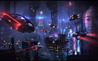 Картинка город, машина, здания, фантастика, фантастические, будущее, мир, мир будущего, ночной город, ночь, огни, подсветка
