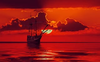 Картинка корабли, корабль, море, океан, вода, солнце, облака, туча, облако, тучи, небо, вечер, сумерки, закат, заход
