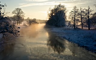 Картинка река, холод, снег, зима, туман, деревья