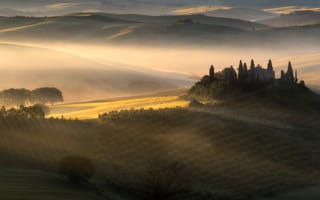 Картинка Тоскана, Италия, природа, пейзаж, холм, поле, вечер, закат, заход, сумерки