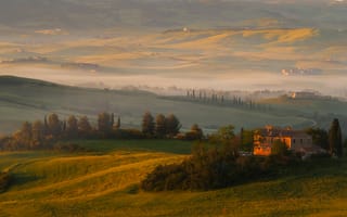 Картинка Тоскана, Италия, природа, пейзаж, поле, холм, дерево, дом, вечер, закат, заход