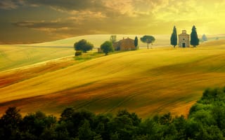 Картинка Тоскана, Италия, природа, луг, поле, холм, дерево, дом, вечер, закат, заход