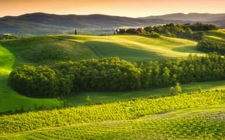 Картинка Тоскана, Италия, природа, холм, поле, луг, вечер, закат, заход
