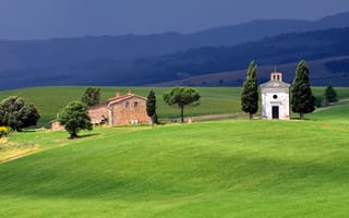 Картинка Тоскана, Италия, природа, поле, холм, луг, дом