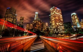 Картинка Лос-Анджелес, Калифорния, США, город, города, здания, небоскреб, высокий, здание, ночной город, ночь, огни, подсветка