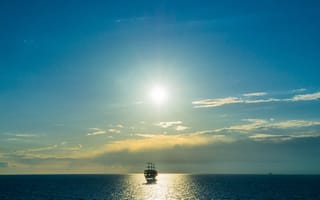 Картинка корабли, корабль, море, океан, вода, утро, утренний, рассвет, восход, отражение