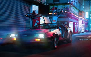 Картинка DeLorean, DMC DeLorean, Назад в будущее, ретро, машины, машина, тачки, авто, автомобиль, транспорт, город, здания, ночь, темнота, огни, подсветка, арт, рисунок
