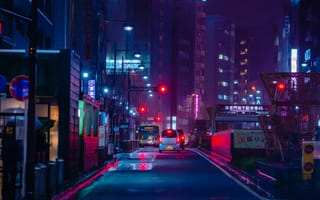 Картинка город, города, здания, улица, ночной город, ночь, огни, подсветка, Cyberpunk, арт