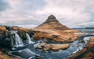 Картинка Киркьюфедль, гора, водопад, пейзаж, Исландия, горы, природа, облака, туча, облако, тучи, небо