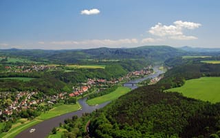 Картинка город, небо, долина, мост, Германия, река, деревья