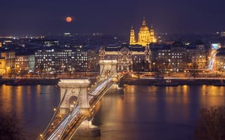 Картинка Будапешт, Венгрия, город, города, здания, мост, ночной город, ночь, огни, подсветка