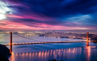 Картинка Сан Франциско, Калифорния, США, город, города, здания, ночной город, ночь, огни, подсветка, вечер, закат, заход, сумерки