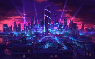 Картинка город, города, здания, небоскреб, высокий, здание, ночь, темнота, ночной город, огни, подсветка, Cyberpunk, арт