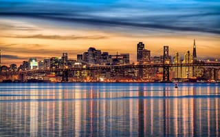 Картинка Сан Франциско, Калифорния, США, город, города, здания, мегаполис, вечер, закат, заход