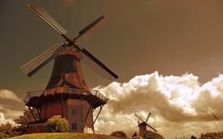 Картинка мельницы, облака, голландия