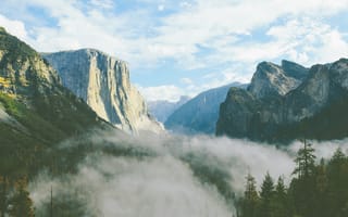 Картинка Йосемитский Национальный Парк, Йосемитский, национальный парк, США, Калифорния, горы, гора, природа, лес, деревья, дерево, скала, облачно, облачный, облака, туман, дымка