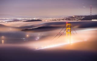 Картинка США, туман, огни, город, Сан-Франциско, ночь, мост Золотые Ворота
