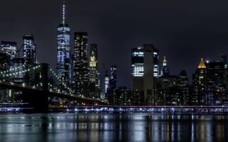 Картинка Нью Йорк, Нью-Йорк, город, здание, небоскреб, США, города, здания, ночь, темнота, ночной город, огни, подсветка