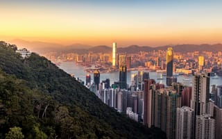 Картинка Гонконг, город, города, здания, небоскреб, высокий, здание, гора, вечер, закат, заход