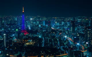 Картинка Токио, Япония, город, города, здания, ночной город, ночь, огни, подсветка