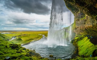 Картинка Сельяландсфосс, водопад, скала, утес, Исландия, природа, облака, туча, облако, тучи, небо, облачно, облачный