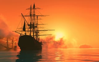 Картинка корабли, корабль, лодка, парусник, парус, море, океан, вода, вечер, закат, заход, отражение