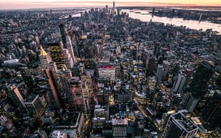 Картинка Нью Йорк, Нью-Йорк, город, здание, небоскреб, США, города, здания, высокий, вечер, сумерки, сверху, c воздуха