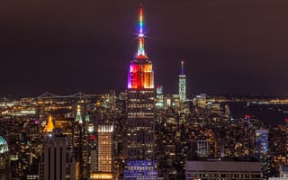 Картинка Нью Йорк, Нью-Йорк, город, здание, небоскреб, США, города, здания, мегаполис, ночной город, ночь, огни, подсветка