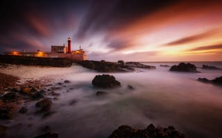 Картинка Кашкайш, Португалия, океан, море, вода, природа, маяк, вечер, закат, заход, сумерки