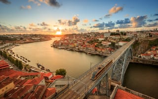 Картинка пейзаж, Порту, небо, дома, река, мост, Португалия, огни, панорама