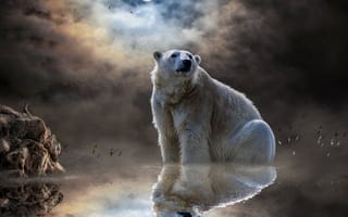 Картинка белый медведь, белый, животные, животное, природа, море, океан, вода, облака, туча, облако, тучи, небо, туман, дымка, вечер