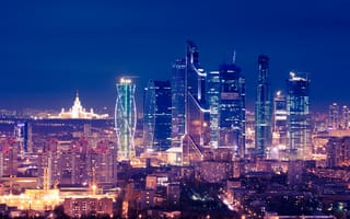 Картинка Москва, Россия, город, города, здания, небоскреб, высокий, здание, ночной город, ночь, огни, подсветка