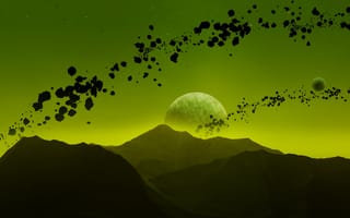 Картинка гора, космос, метеорит, падающая звезда, луна