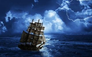 Картинка лодка, парусник, парус, корабли, корабль, море, океан, вода, шторм, буря, ночь, темнота