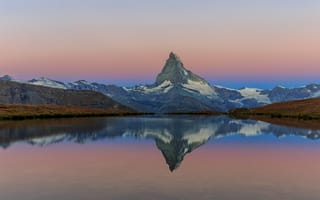 Картинка Маттерхорн, Церматт, Альпы, гора, вершина, высокая, Швейцария, горы, природа, отражение, вечер, сумерки, закат, заход