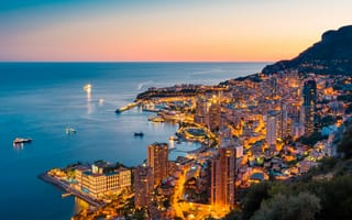 Картинка Монте-Карло, Монако, город, города, здания, море, океан, вода, ночной город, ночь, огни, подсветка, вечер, закат, заход