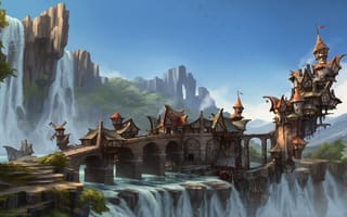 Картинка замок, крепость, фантастика, фантастические, водопад