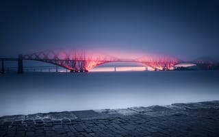 Картинка мост, мосты, река, ночь, темнота, темный, огни, подсветка, туман, дымка
