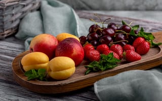 Картинка персик, фрукт, абрикос, клубника, ягода, ягоды, вишня, фрукты