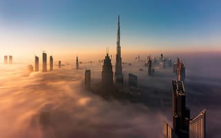 Картинка Дубай, ОАЭ, Объединенные Арабские Эмираты, город, города, здания, вечер, закат, заход, облака, туча, облако, тучи, небо, облачно, облачный, туман, дымка