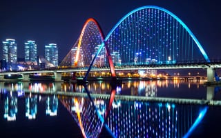 Картинка Корея, Южная Корея, мост, мосты, архитектура, современный, ночь, огни, подсветка, отражение, река, небоскреб, высокий, здание, неон