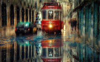 Картинка город, города, здания, трамвай, машина, дождь, лужа, отражение, вода, арт