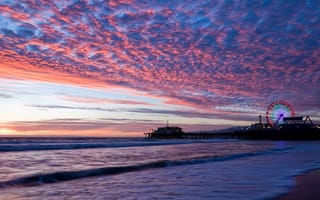 Картинка побережье, штат Калифорния, горизонт, США, закат, вечер, небо, пирс, Санта - моника, Santa Monica, море
