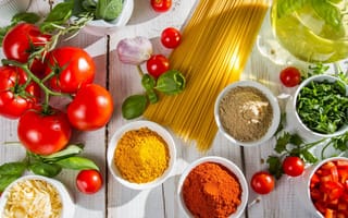 Картинка макароны, паста, спагетти, помидор, еда, вкусная, cпеции, пряности