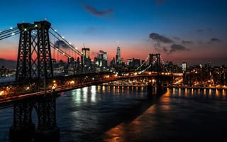 Картинка Нью Йорк, Нью-Йорк, город, здание, небоскреб, США, города, здания, мост, ночной город, ночь, огни, подсветка, вечер, сумерки, закат, заход