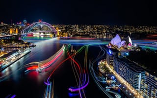 Картинка Сидней, Австралия, город, города, здания, Сиднейский оперный театр, Сиднейский театр, театр, ночной город, ночь, огни, подсветка