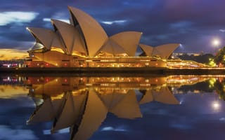 Картинка Сиднейский оперный театр, Сиднейский театр, театр, Сидней, Австралия, архитектура, вечер, сумерки, закат, заход, отражение