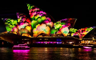Картинка Сиднейский оперный театр, Сиднейский театр, театр, Сидней, Австралия, архитектура, ночь, огни, подсветка, отражение