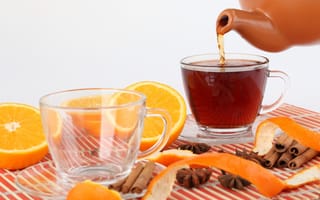 Картинка корица, чай, чайник, чашки, апельсин